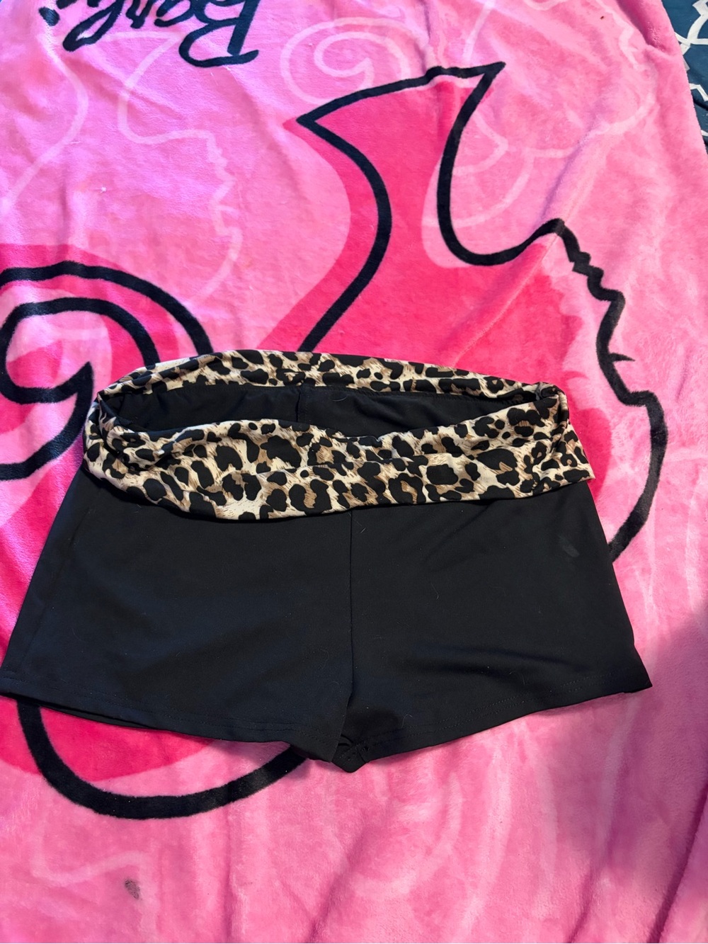 ROMWE Black Bike Shorts with Leopard Fold-Over Waistband